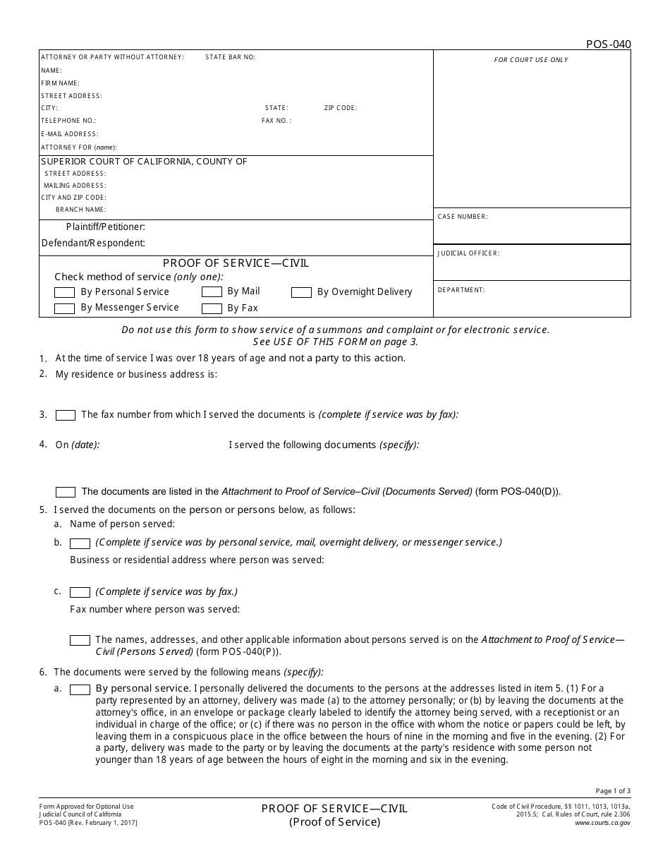 Form POS-040 Proof of Service - Civil - California, Page 1