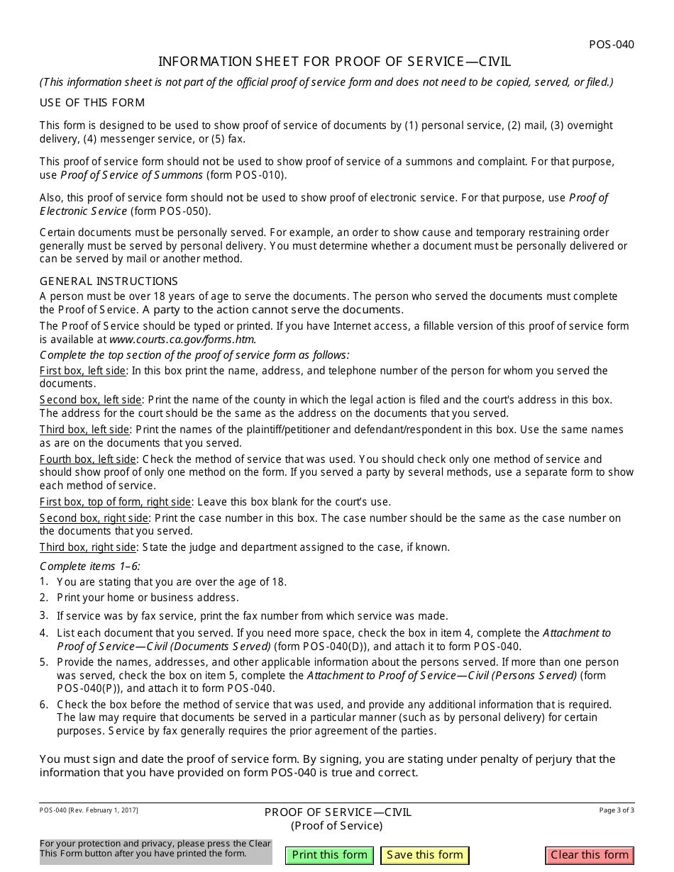 Form POS-040 Proof of Service - Civil - California, Page 3