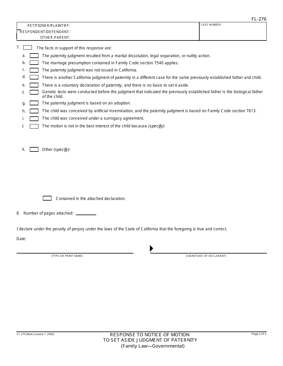 Form FL-276 Response to Notice of Motion to Set Aside Judgment of Paternity (Governmental) - California, Page 2