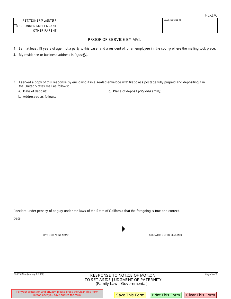 Form FL-276 Response to Notice of Motion to Set Aside Judgment of Paternity (Governmental) - California, Page 3