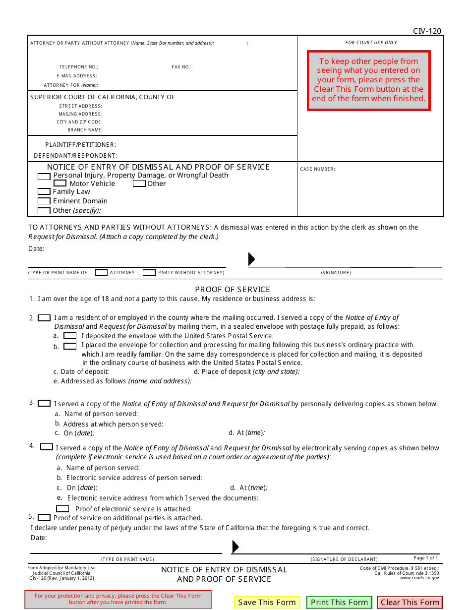 Form CIV-120 Notice of Entry of Dismissal and Proof of Service - California, Page 1