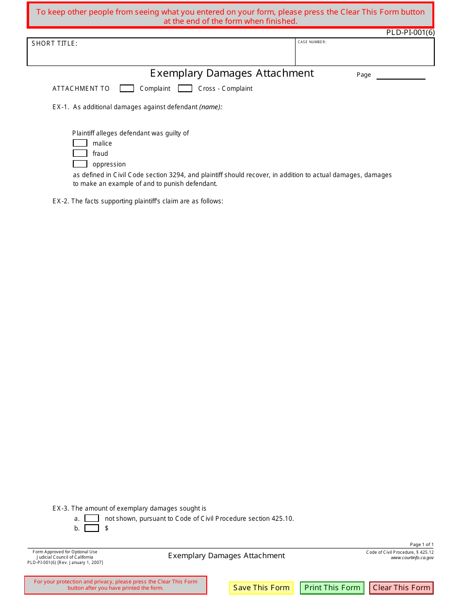 Form PLD-PI-001(6) Exemplary Damages Attachment - California, Page 1
