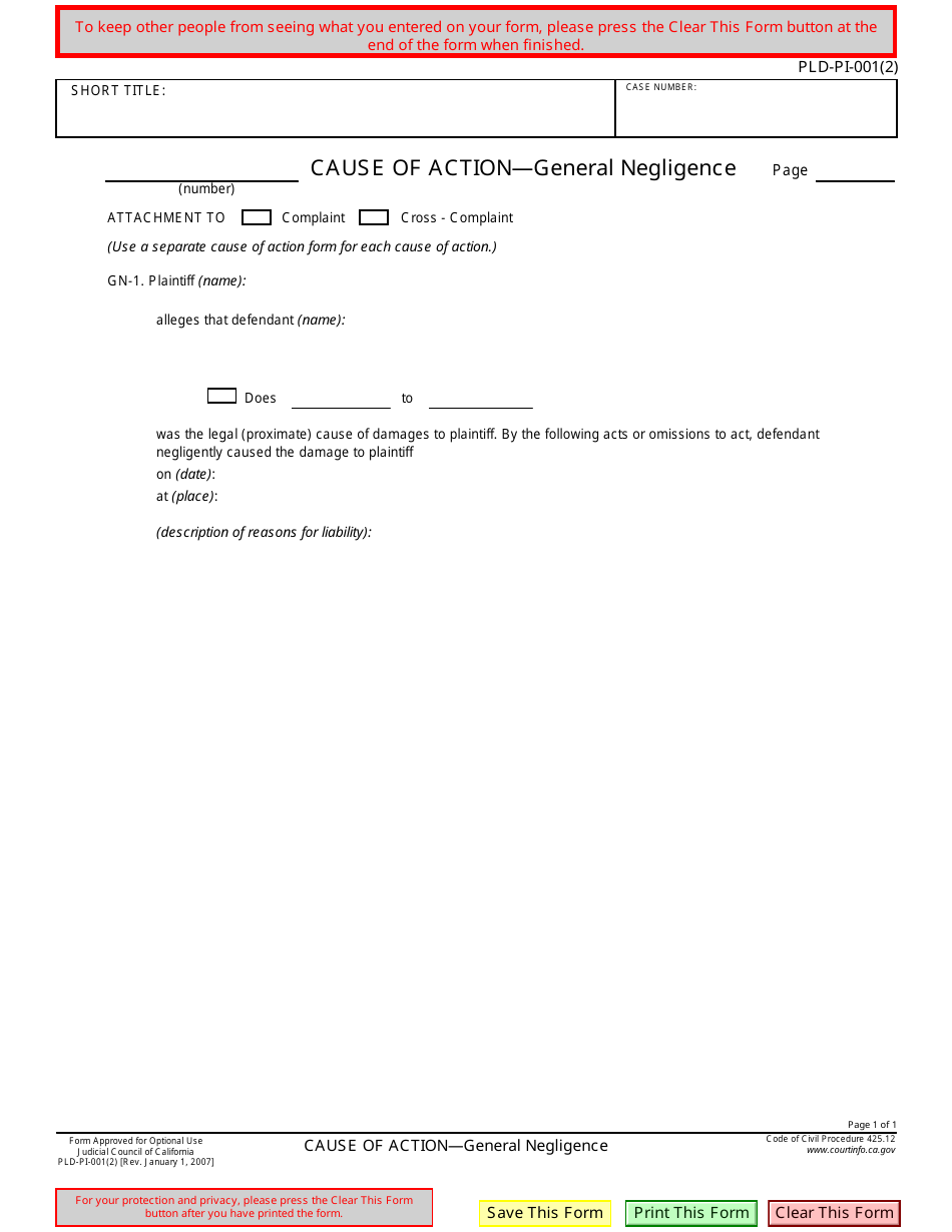 Form PLD-PI-001(2) Cause of Action - General Negligence - California, Page 1