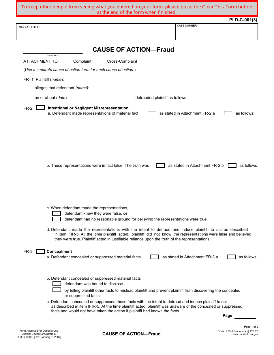 Form PLD-C-001(3) Cause of Action - Fraud - California, Page 1