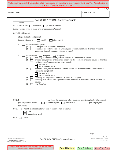 Form PLD-C-001(2) Cause of Action - Common Counts - California
