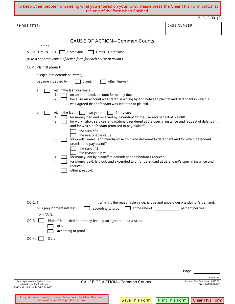 Form PLD-C-001(2) Cause of Action - Common Counts - California, Page 1