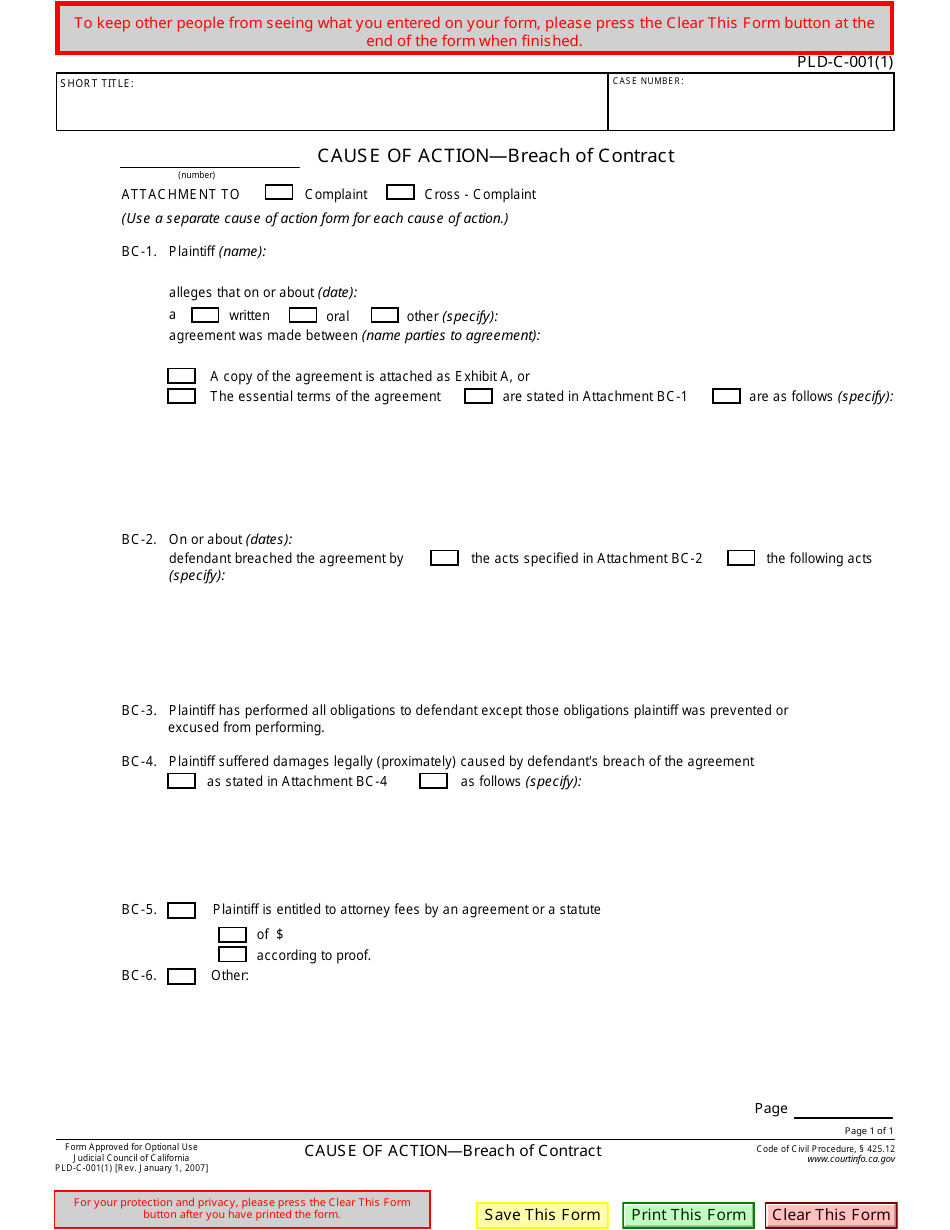 Form PLD-C-001(1) Cause of Action - Breach of Contract - California, Page 1