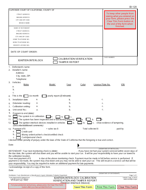 Form ID-120 Ignition Interlock Calibration Verification and Tamper Report - California