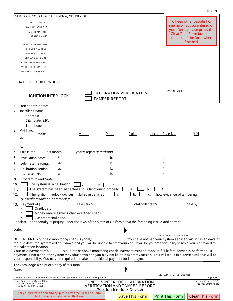 Form ID-120 Ignition Interlock Calibration Verification and Tamper Report - California, Page 1