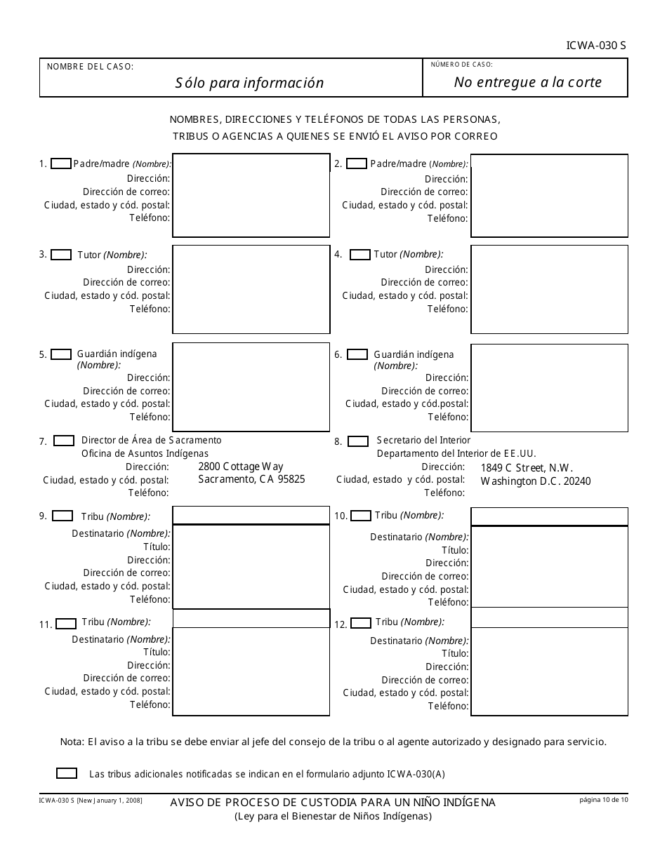 Formulario ICWA-030 S Aviso De Proceso De Custodia Para Un Nino Indigena - California (Spanish), Page 10