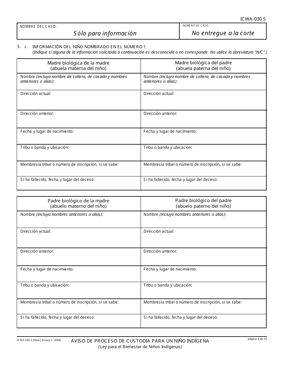 Formulario ICWA-030 S Aviso De Proceso De Custodia Para Un Nino Indigena - California (Spanish), Page 3