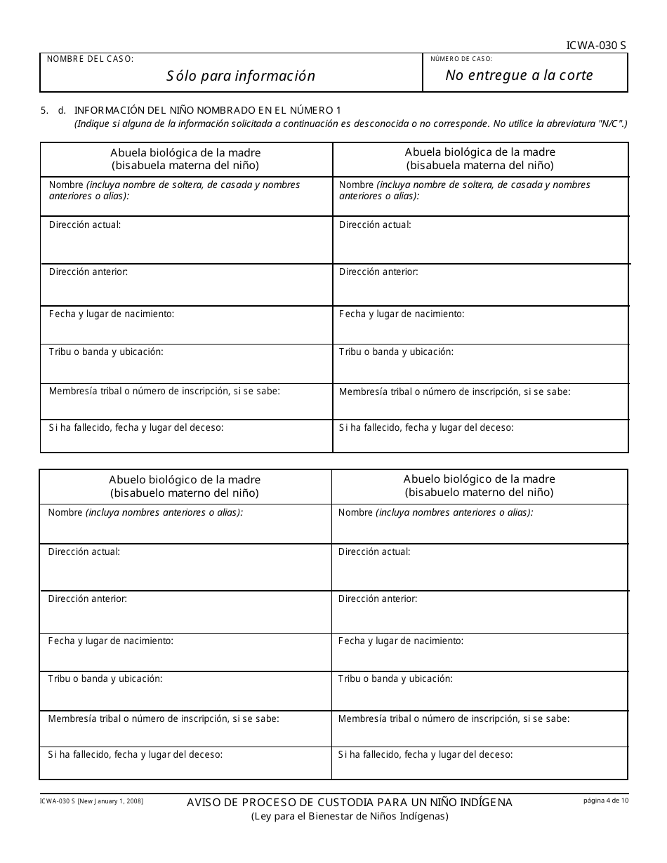 Formulario ICWA-030 S Aviso De Proceso De Custodia Para Un Nino Indigena - California (Spanish), Page 4