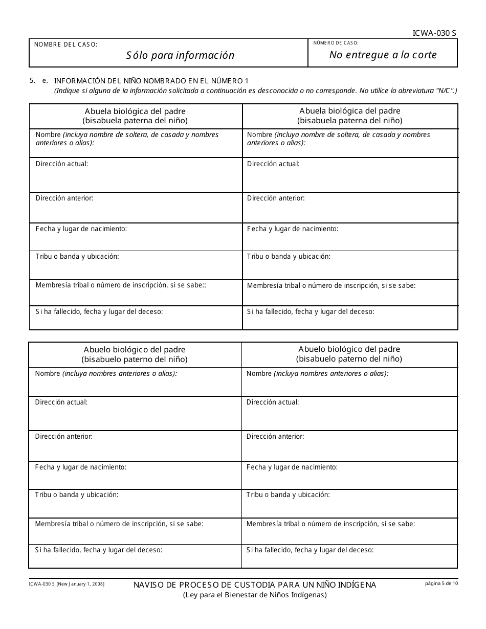 Formulario ICWA-030 S Aviso De Proceso De Custodia Para Un Nino Indigena - California (Spanish), Page 5