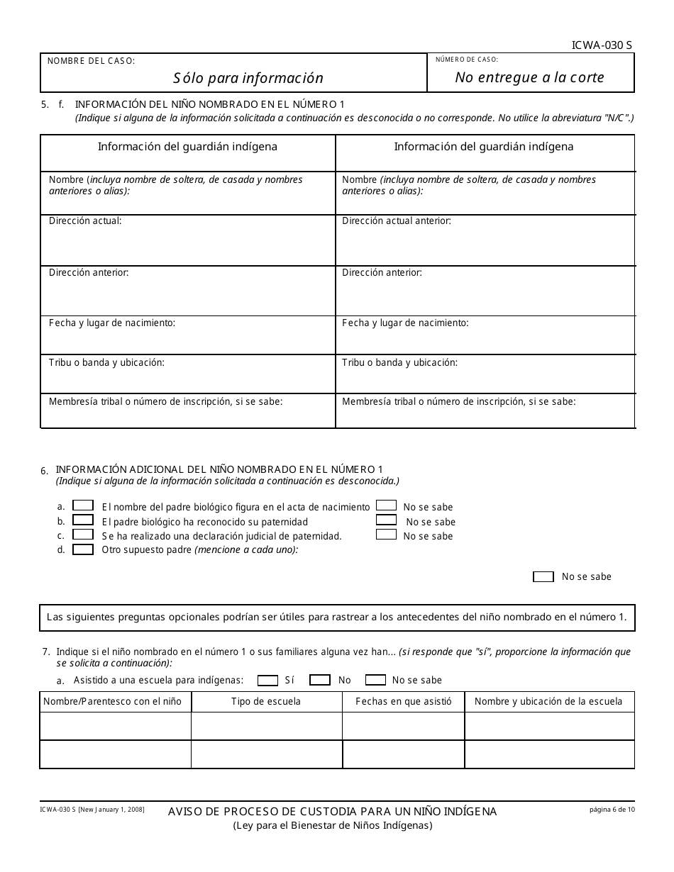 Formulario ICWA-030 S Aviso De Proceso De Custodia Para Un Nino Indigena - California (Spanish), Page 6