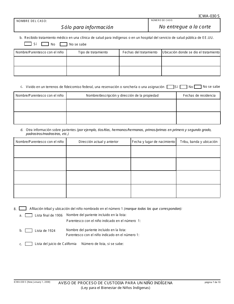 Formulario ICWA-030 S Aviso De Proceso De Custodia Para Un Nino Indigena - California (Spanish), Page 7