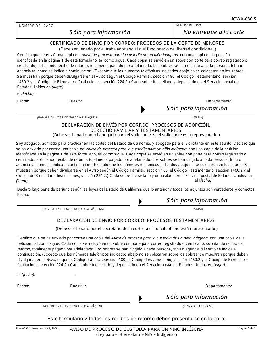 Formulario ICWA-030 S Aviso De Proceso De Custodia Para Un Nino Indigena - California (Spanish), Page 9