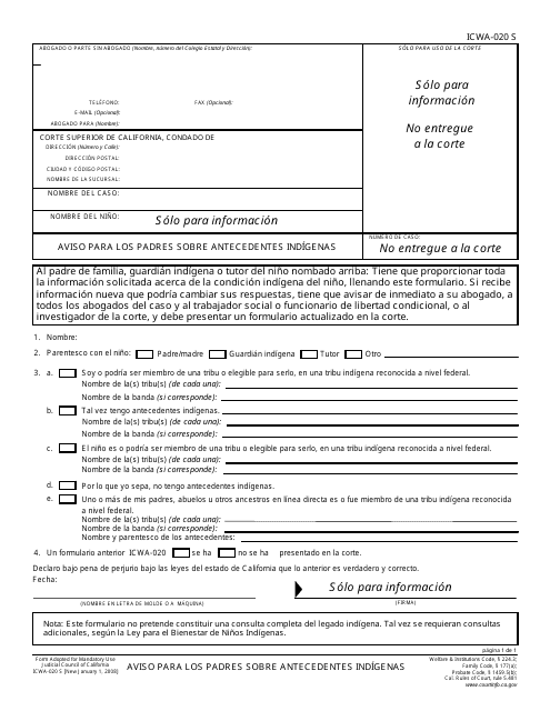 Form ICWA-020 S  Printable Pdf