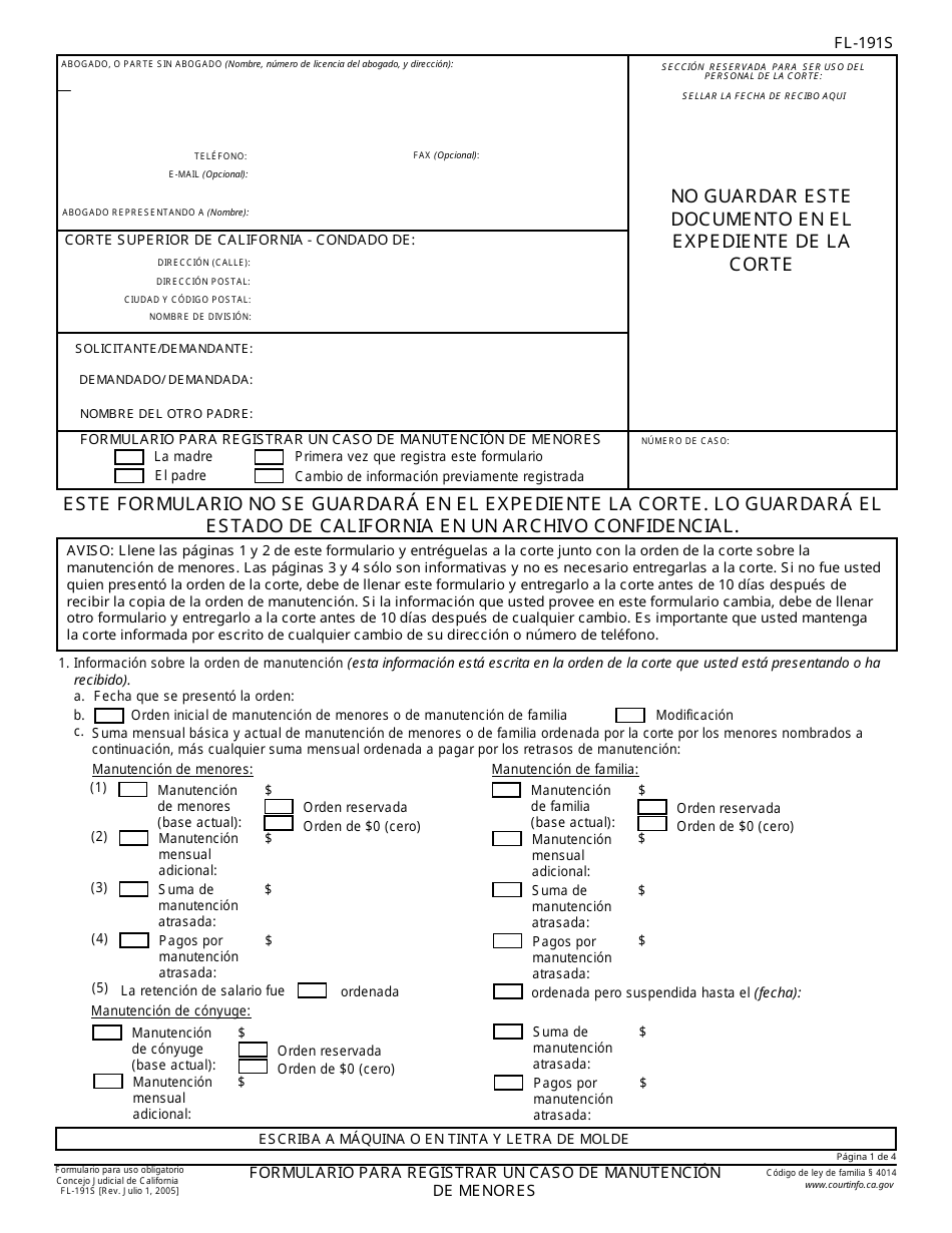 Formulario FL-191S Formulario Para Registrar Un Caso De Manutencion De Menores - California (Spanish), Page 1