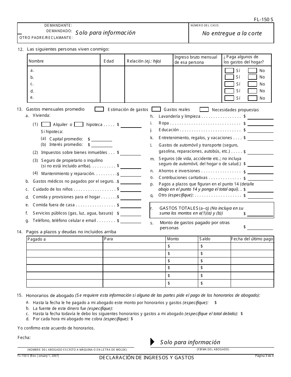 Formulario FL-150 S Declaracion De Ingresos Y Gastos - California (Spanish), Page 3