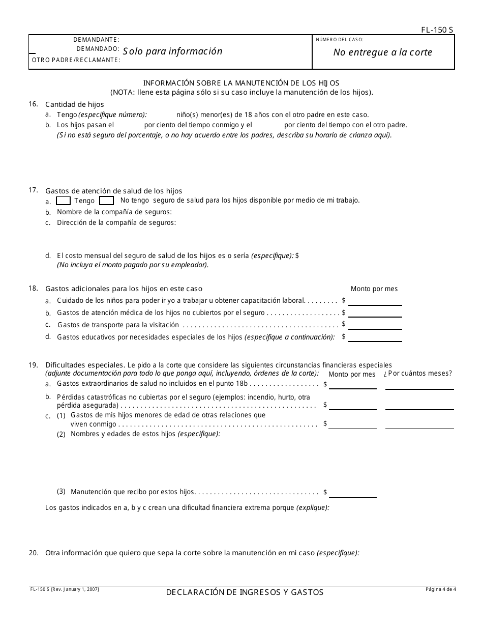 Formulario FL-150 S Declaracion De Ingresos Y Gastos - California (Spanish), Page 4