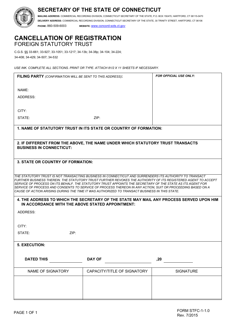 Form STFC-1-1.0 Cancellation of Registration - Foreign Statutory Trust - Connecticut, Page 1