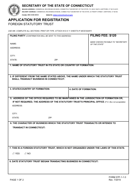 Form STF-1-1.0 Application for Registration - Foreign Statutory Trust - Connecticut
