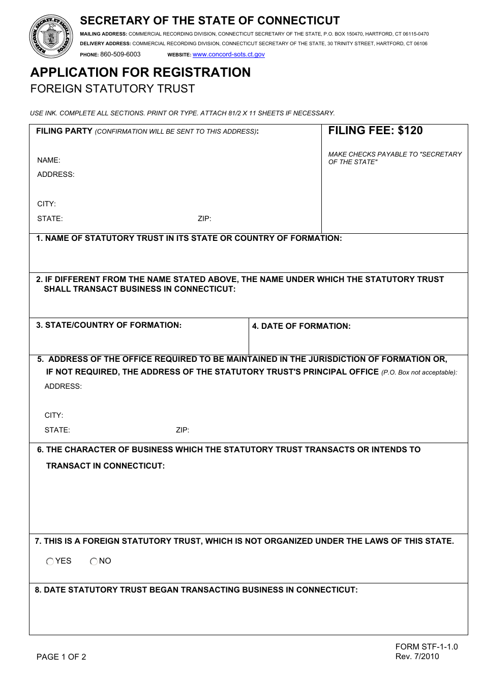 Form STF-1-1.0 Application for Registration - Foreign Statutory Trust - Connecticut, Page 1