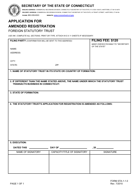 Form STA-1-1.0 Application for Amended Registration - Foreign Statutory Trust - Connecticut