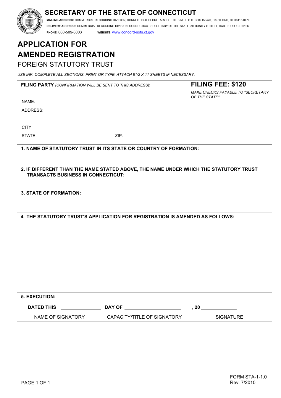 Form STA-1-1.0 Application for Amended Registration - Foreign Statutory Trust - Connecticut, Page 1
