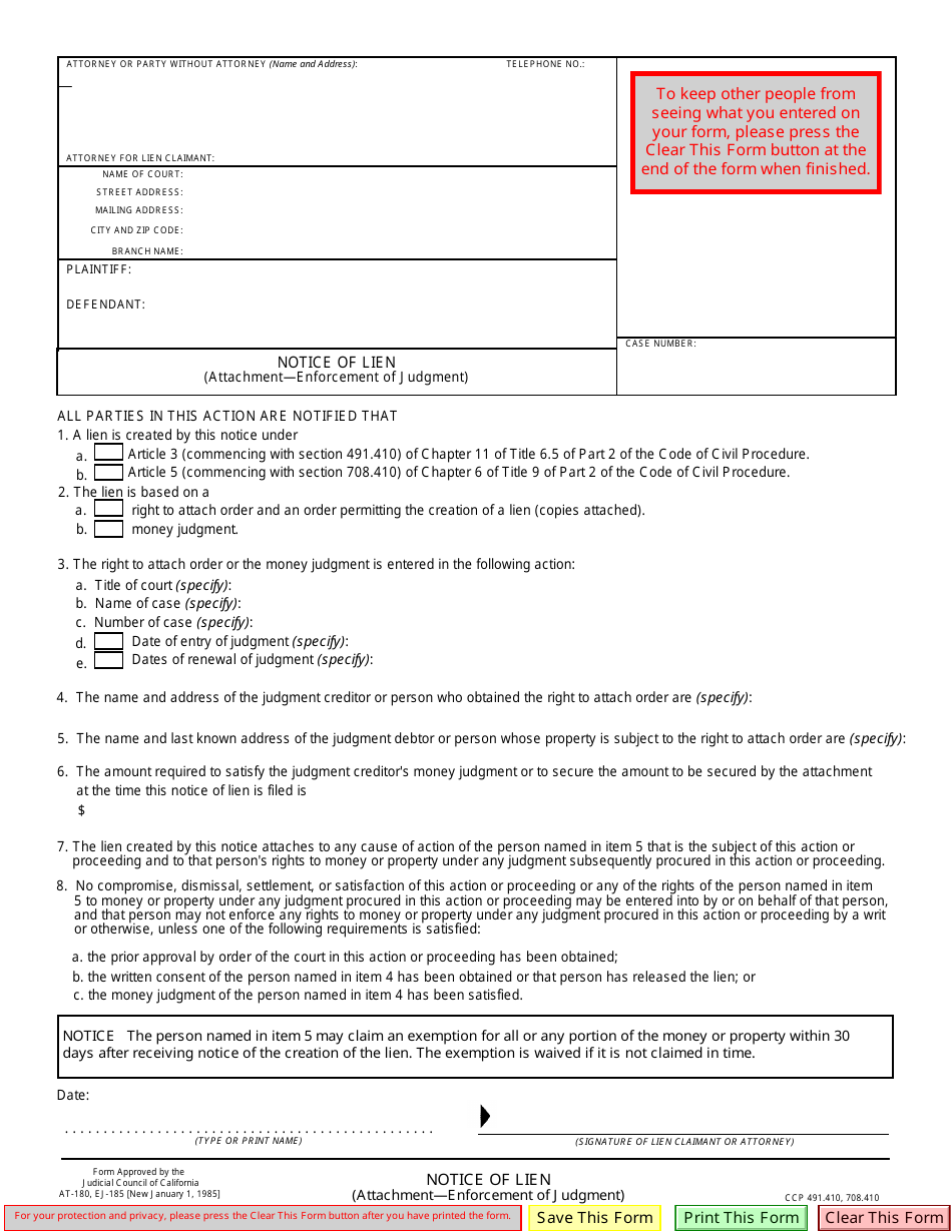 Form AT-180 (EJ-185) Notice of Lien (Attachment - Enforcement of Judgment) - California, Page 1