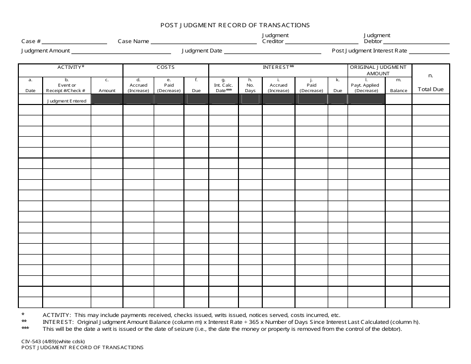 Form CIV-543 Post Judgment Record of Transactions - Alaska, Page 1