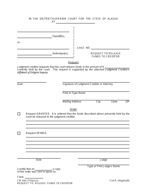 Form CIV-546 Request to Release Funds to Creditor - Alaska