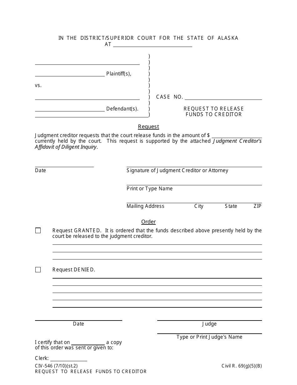 Form CIV-546 Request to Release Funds to Creditor - Alaska, Page 1