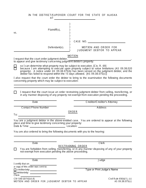 Form CIV-540 Motion and Order for Judgment Debtor to Appear - Alaska