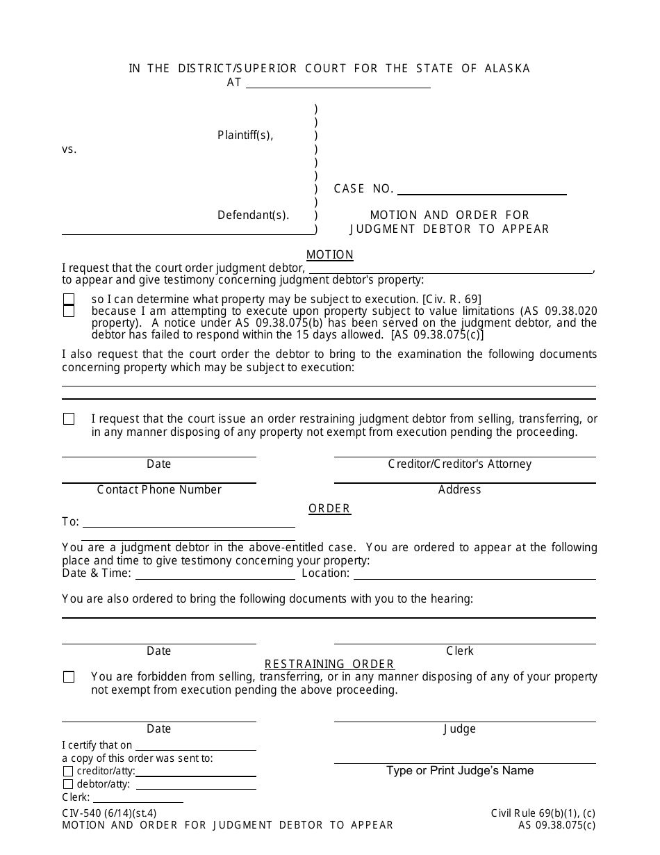 Form CIV-540 Motion and Order for Judgment Debtor to Appear - Alaska, Page 1