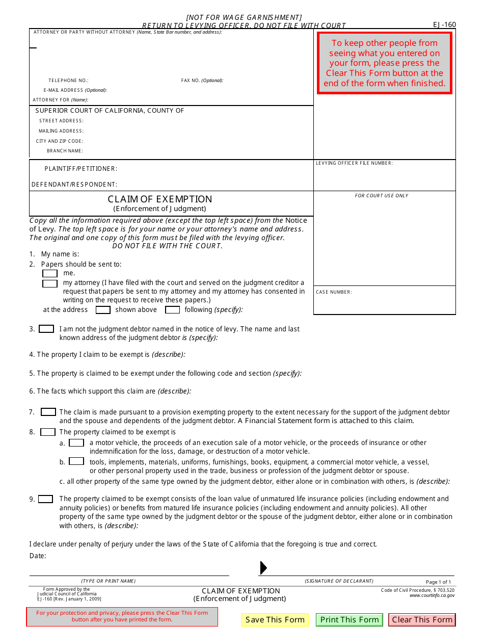 Form EJ-160 Claim of Exemption (Enforcement of Judgment) - California, Page 1