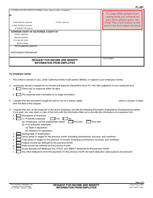 Form FL-397 Request for Income and Benefit Information From Employer - California