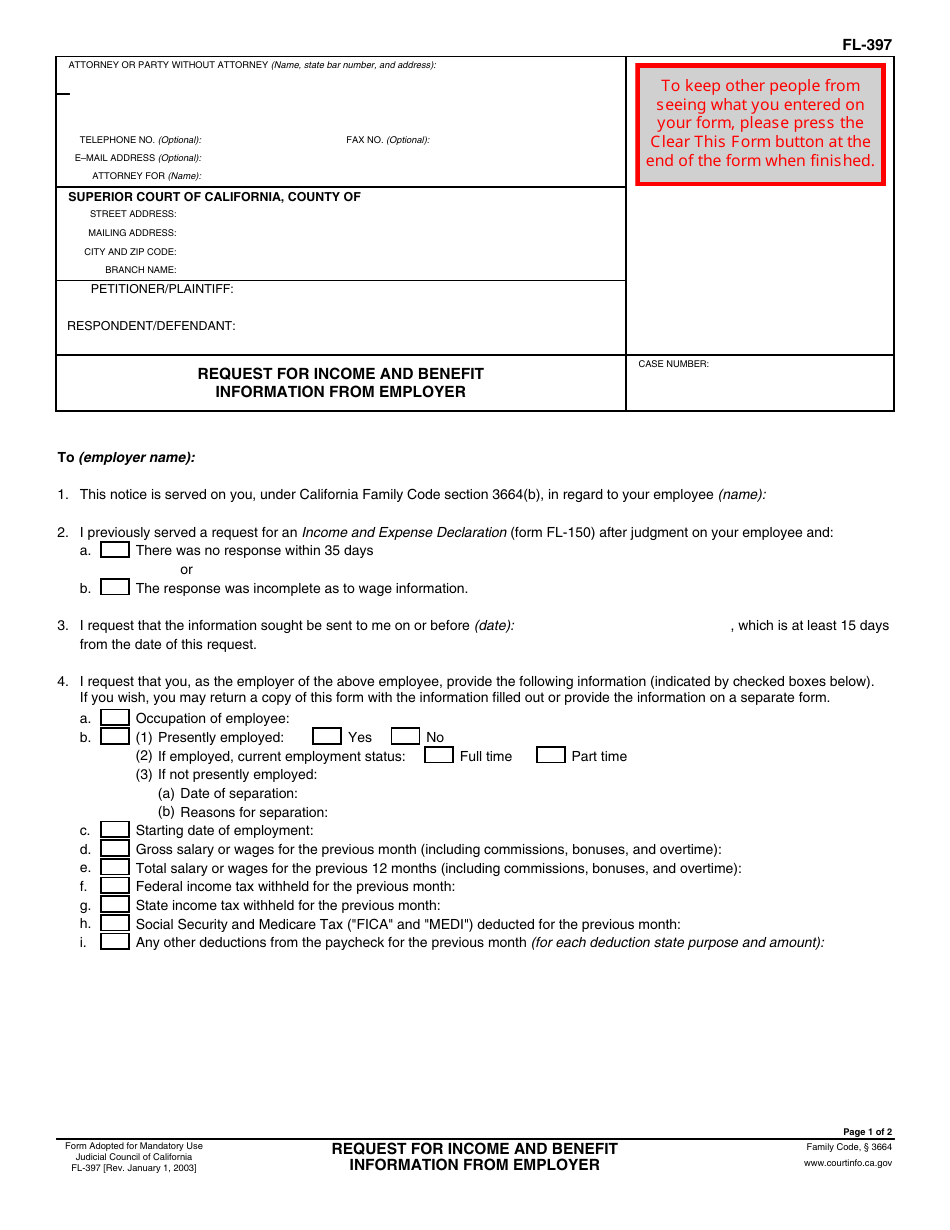 Form FL-397 Request for Income and Benefit Information From Employer - California, Page 1