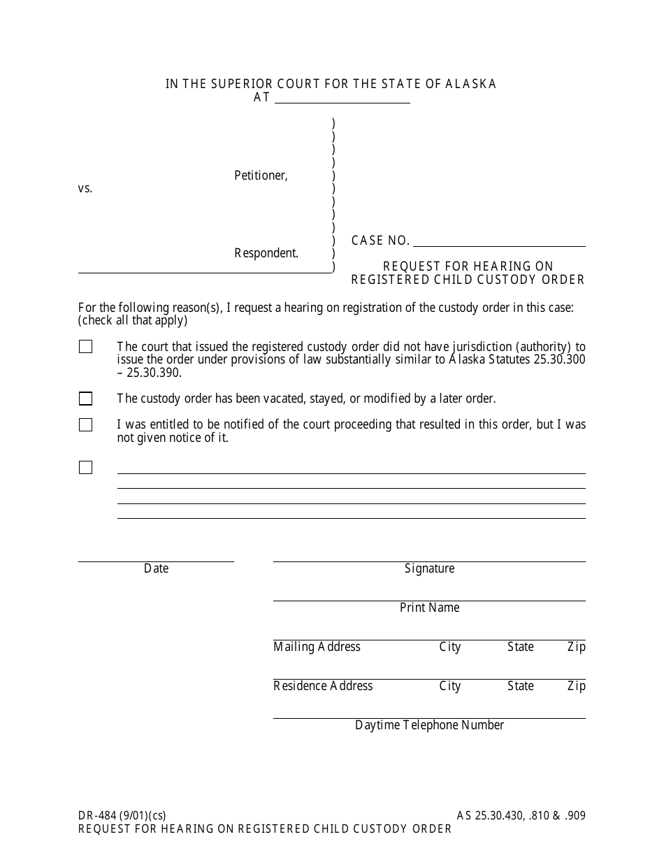 Form DR-484 Request for Hearing on Registered Child Custody Order - Alaska, Page 1