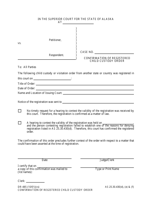 Form DR-485 Confirmation of Registered Child Custody Order - Alaska