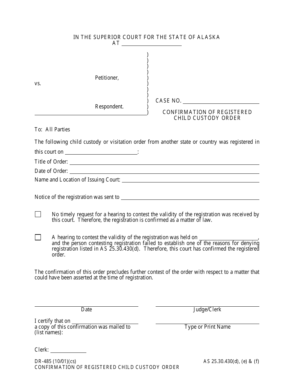 Form DR-485 Confirmation of Registered Child Custody Order - Alaska, Page 1