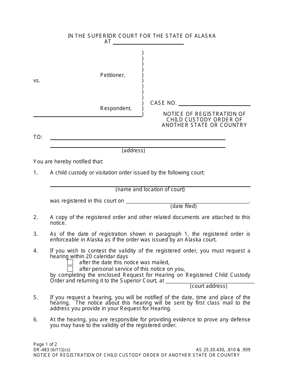 Form DR-483 Notice of Registration of Child Custody Order of Another State or Country - Alaska, Page 1