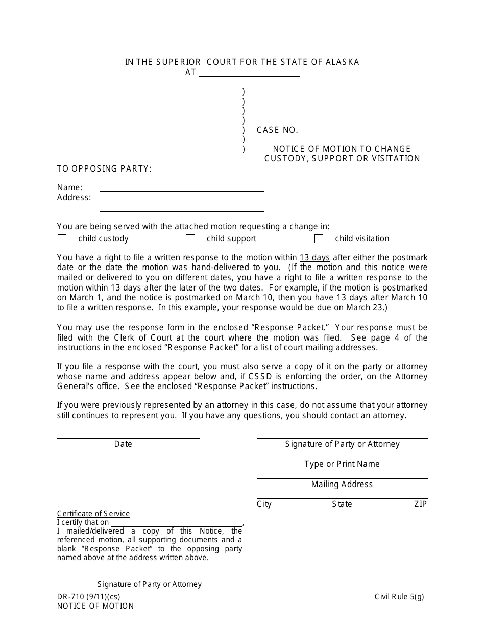 Form DR-710 Notice of Motion to Change Custody, Support or Visitation - Alaska, Page 1