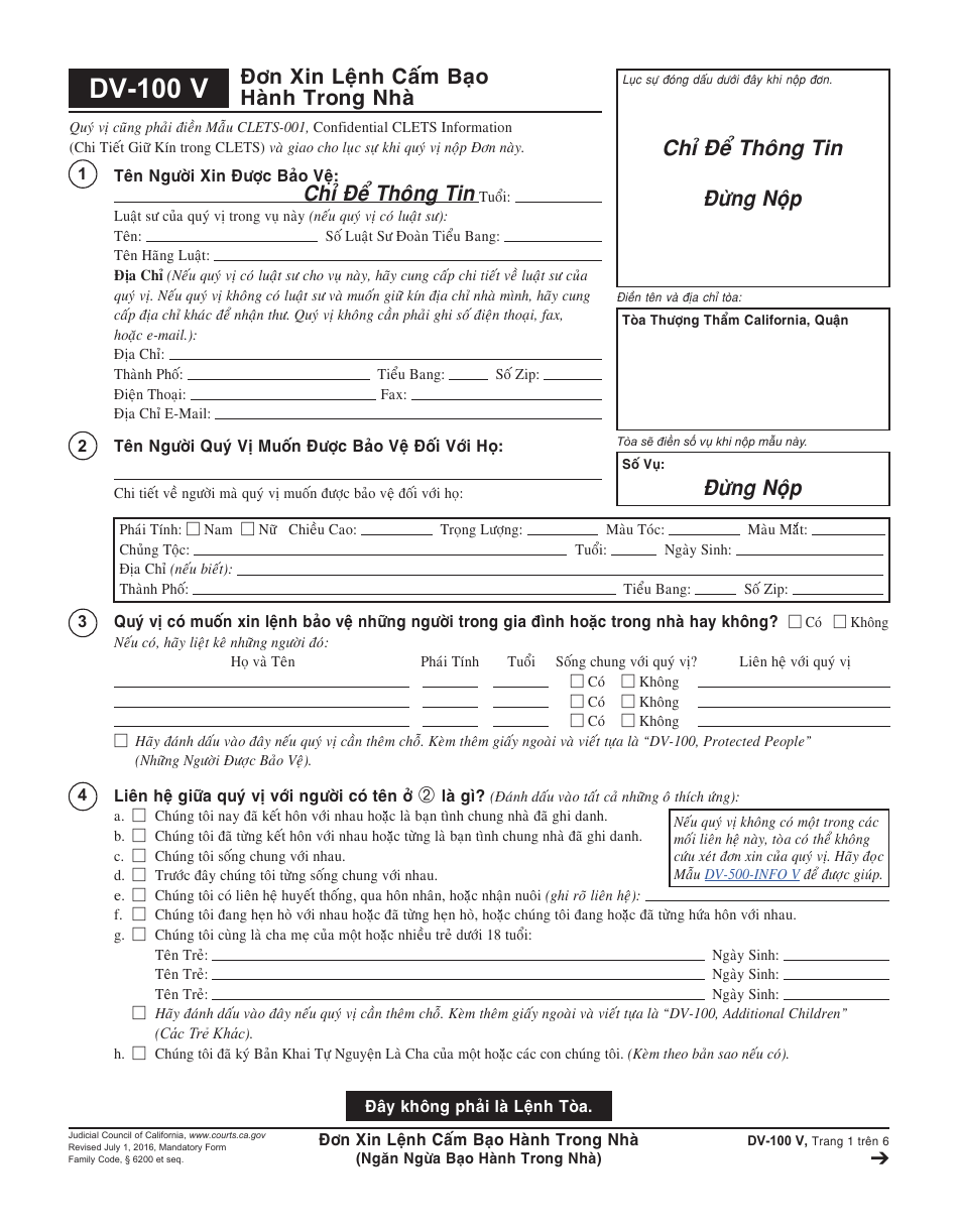 Form DV-100 V Request for Domestic Violence Restraining Order - California (Vietnamese), Page 1