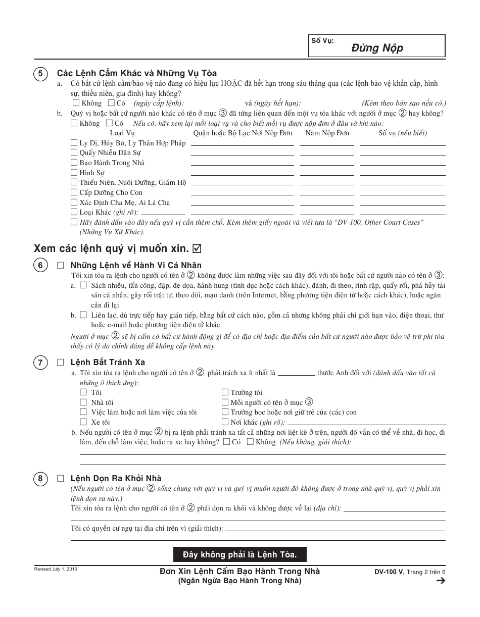 Form DV-100 V Request for Domestic Violence Restraining Order - California (Vietnamese), Page 2