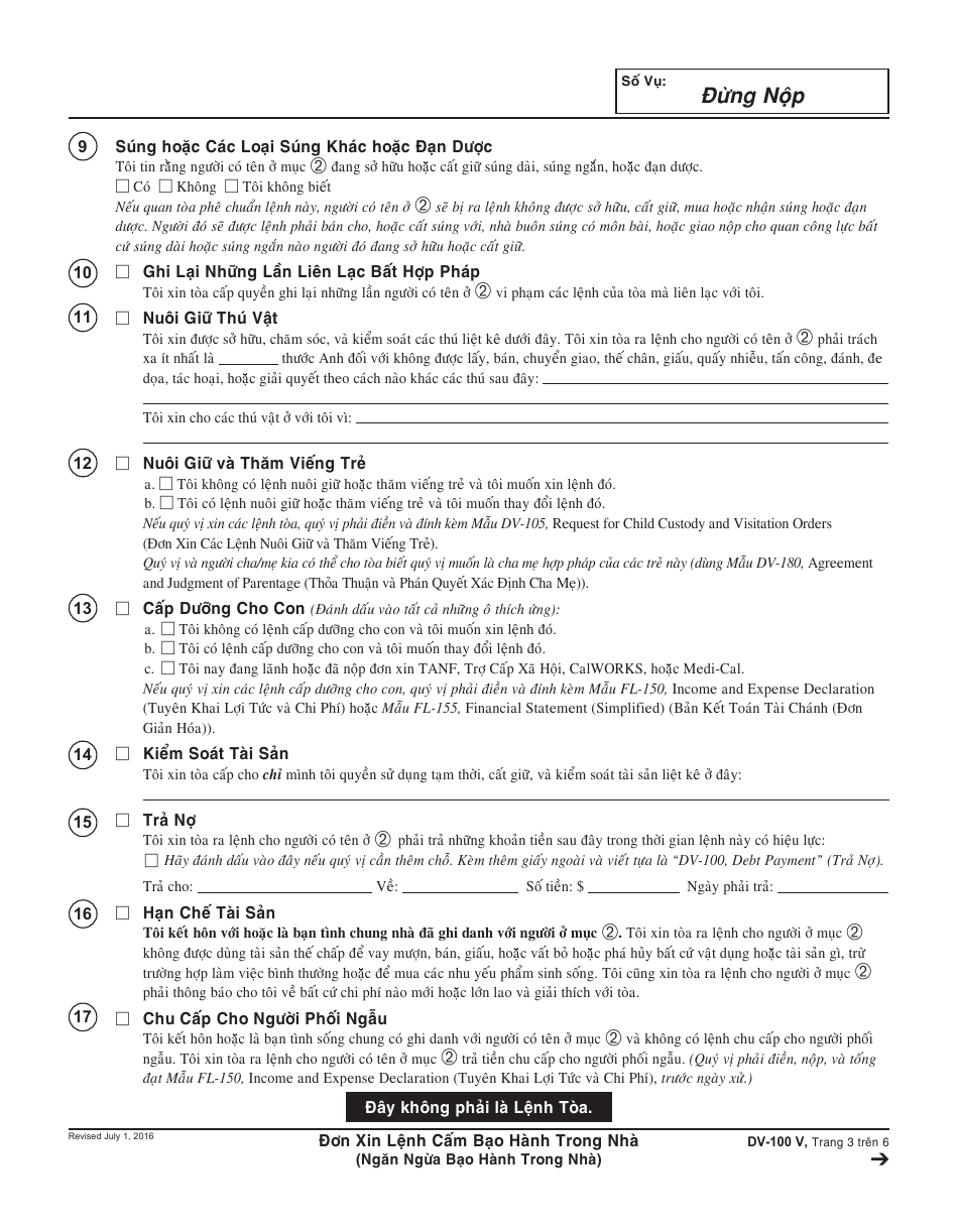 Form DV-100 V Request for Domestic Violence Restraining Order - California (Vietnamese), Page 3