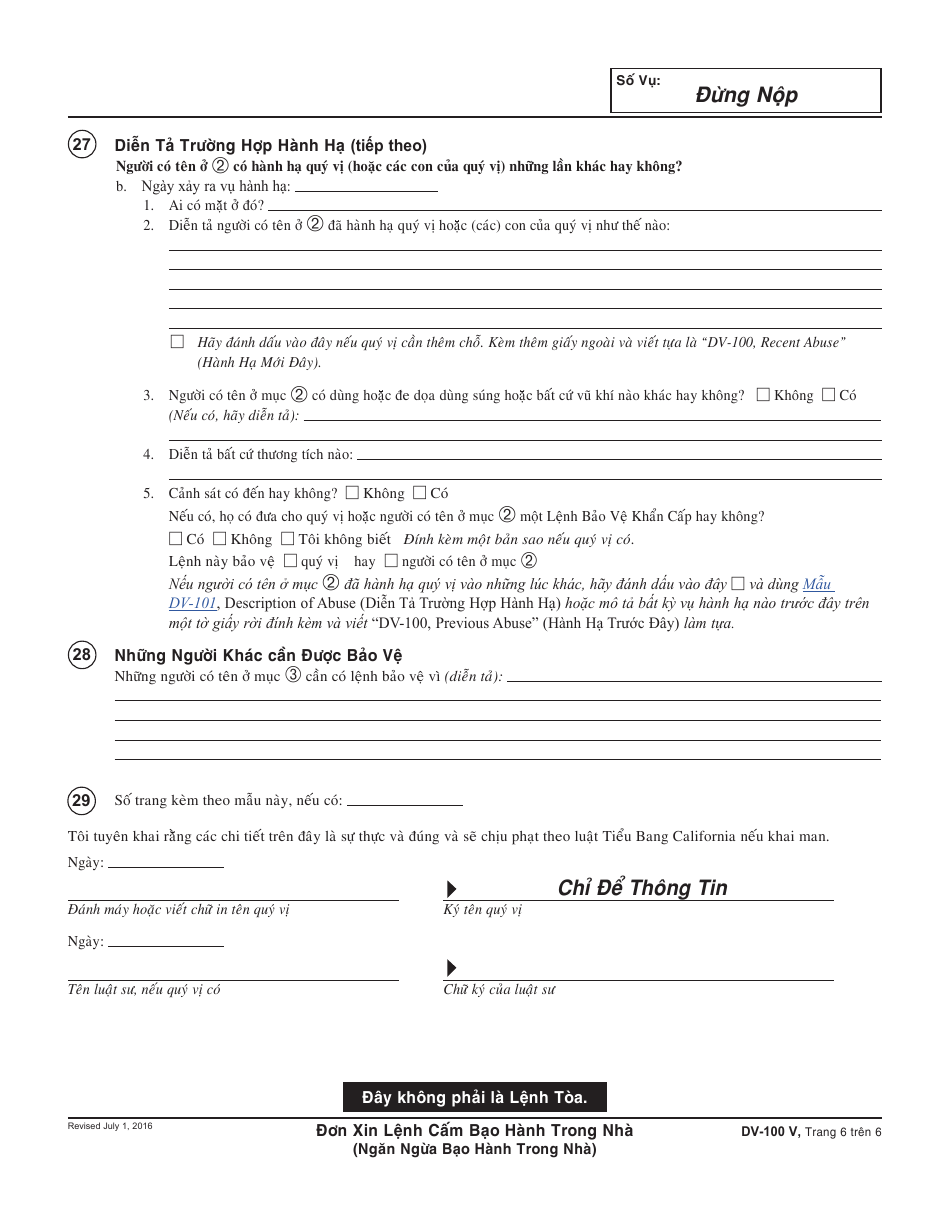 Form DV-100 V Request for Domestic Violence Restraining Order - California (Vietnamese), Page 6