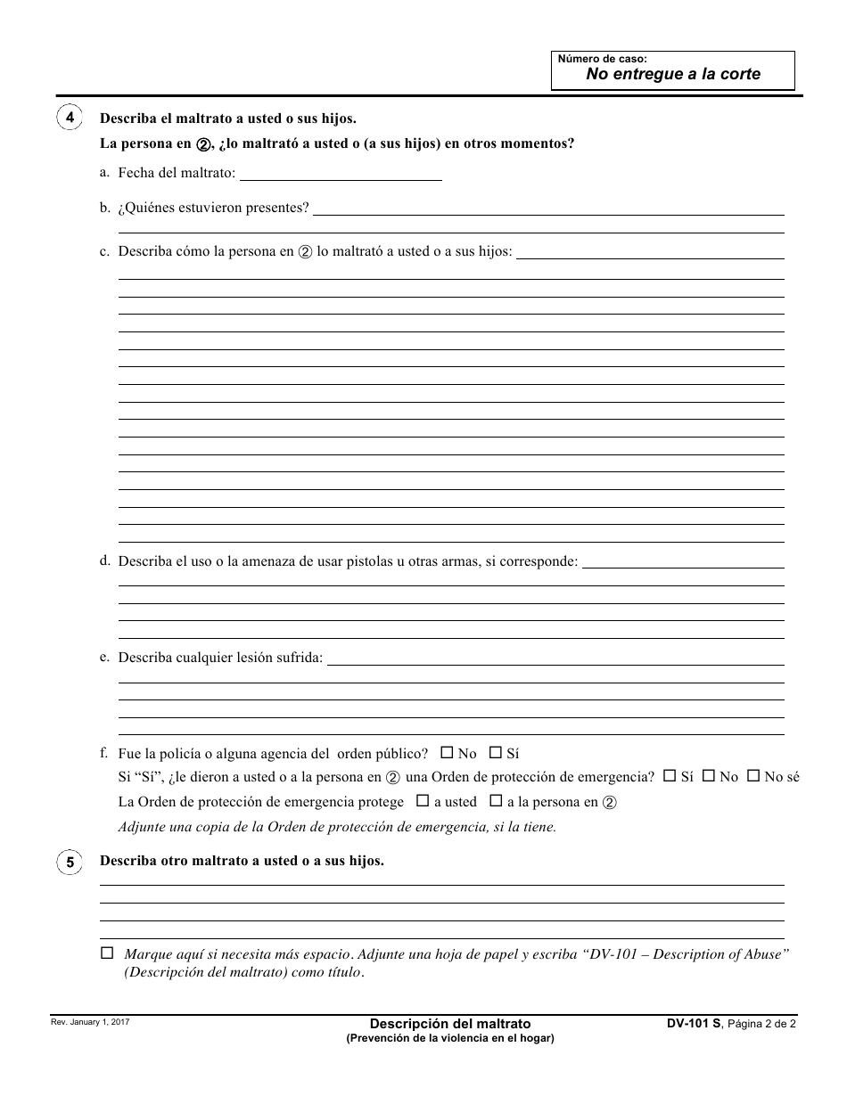 Formulario DV-101 S Descripcion Del Maltrato - California (Spanish), Page 2