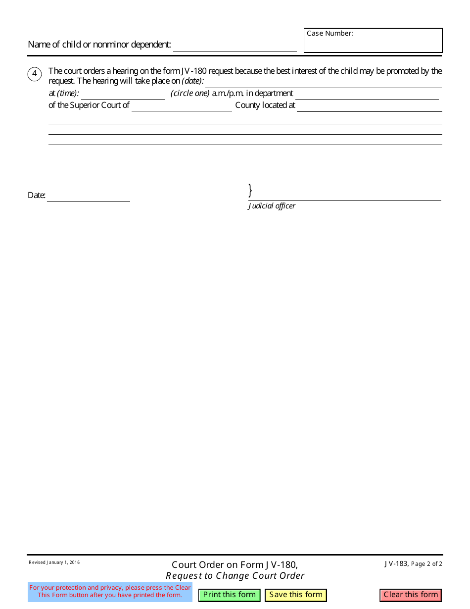 Form JV-183 Court Order on Form Jv-180, Request to Change Court Order - California, Page 2