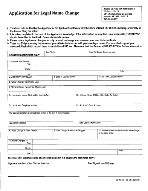 Form VS-405 Application for Legal Name Change - Alaska